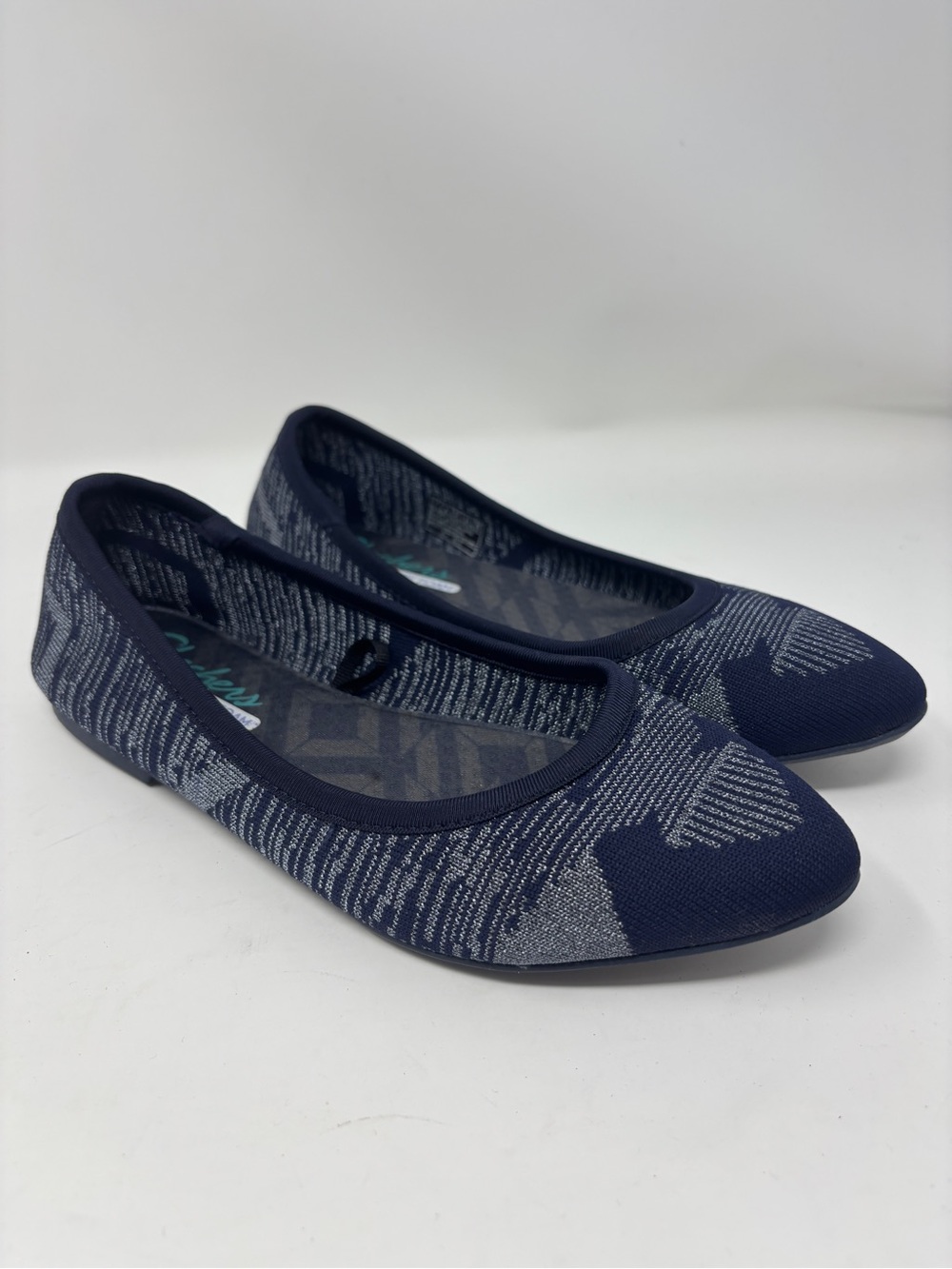Skechers Womens Woven Stretch Knit Ballet Flats Slip On Navy/Silver Size 7
